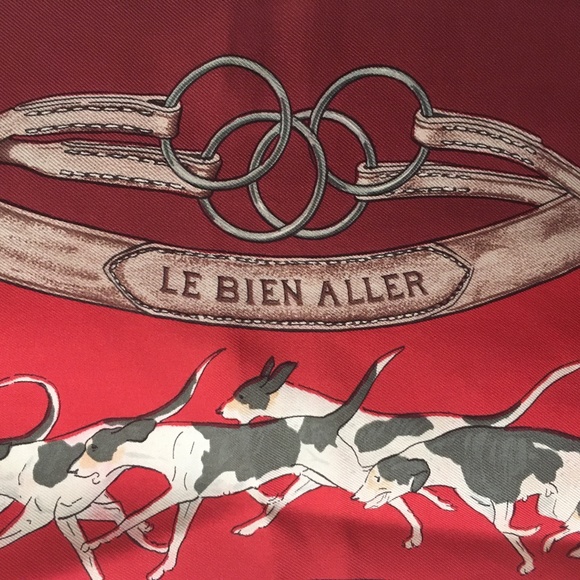 HERMES Red Equestrian Hunt Hounds Themed LA BIEN ALLER Hand Rolled Silk Scarf - Picture 5 of 6
